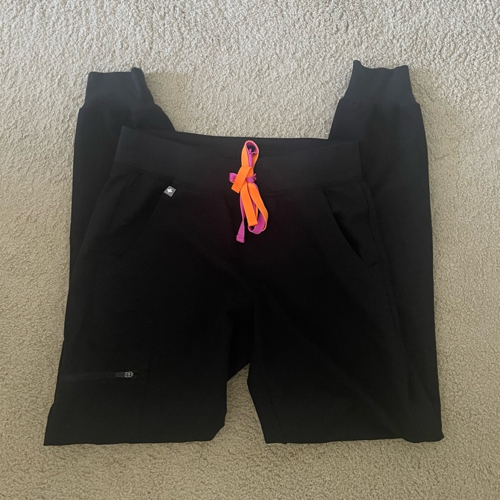 Special edition Figs - black joggers with pink/orange ties size XS